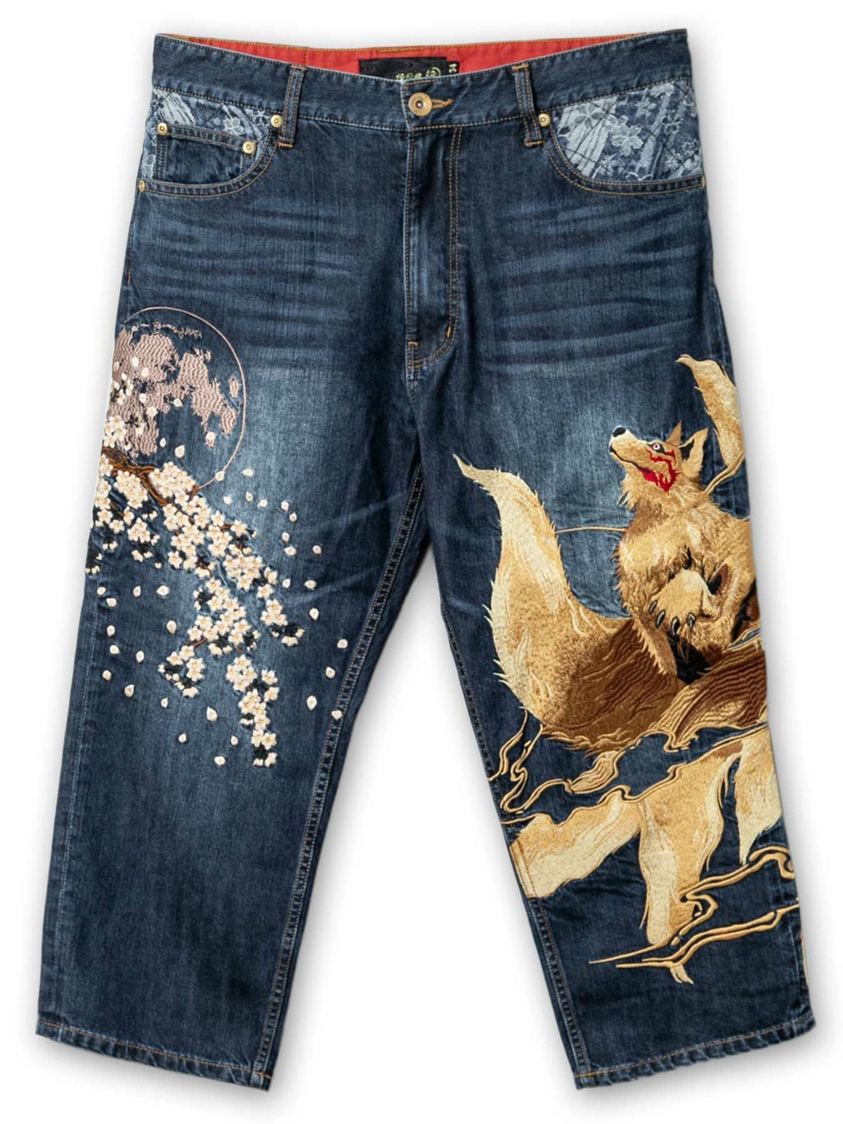 【絡繰魂】“夜桜九尾”総刺繍クロップドデニムパンツ