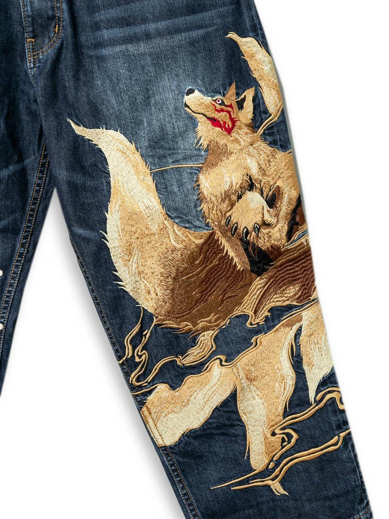 【絡繰魂】“夜桜九尾”総刺繍クロップドデニムパンツ