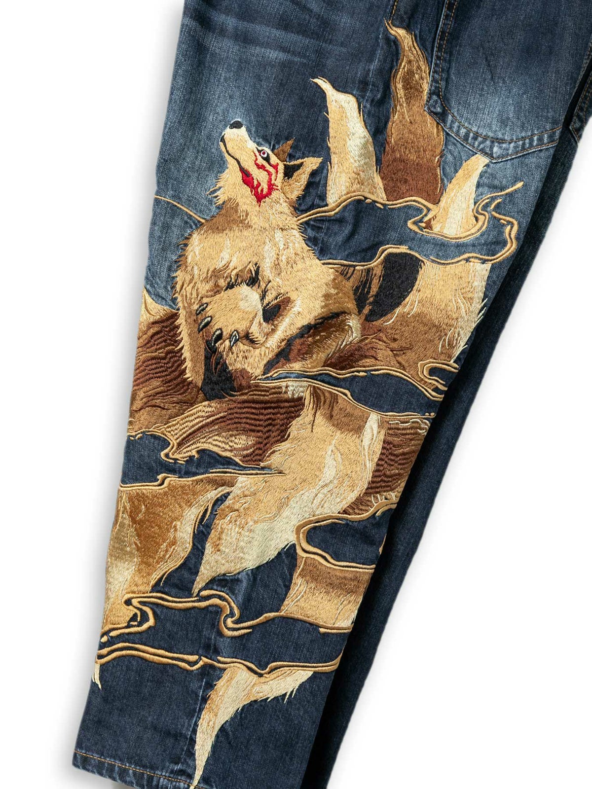 【絡繰魂】“夜桜九尾”総刺繍クロップドデニムパンツ