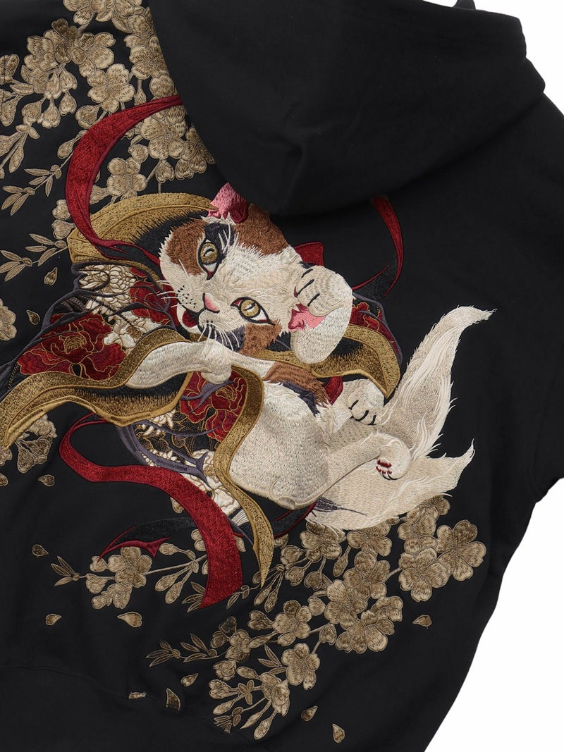 【絡繰魂・粋】“猫又戯れ”刺繍入りZIPパーカー