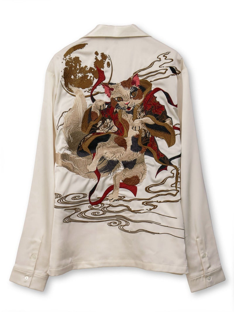 【絡繰魂・粋】“踊る猫又”刺繍入り長袖シャツ