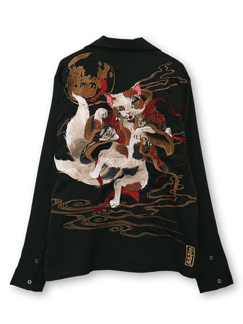 【絡繰魂・粋】“踊る猫又”刺繍入り長袖シャツ