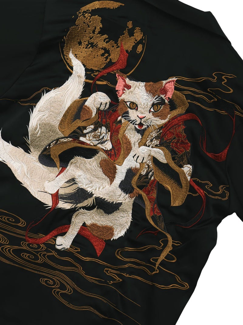 【絡繰魂・粋】“踊る猫又”刺繍入り長袖シャツ
