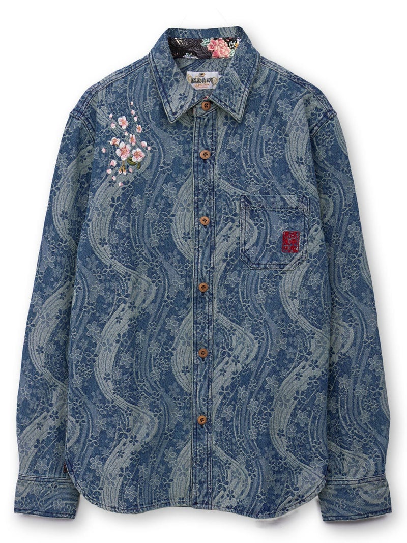 【絡繰魂】“桜流水”デニムジャガード長袖シャツ