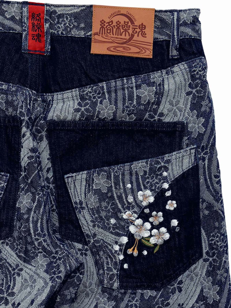 【絡繰魂】“桜流水”ジャガードデニムパンツ