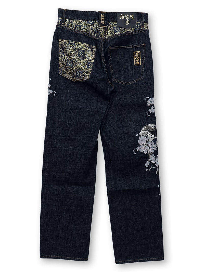【絡繰魂・粋】“月光狼”刺繍入りデニムパンツ