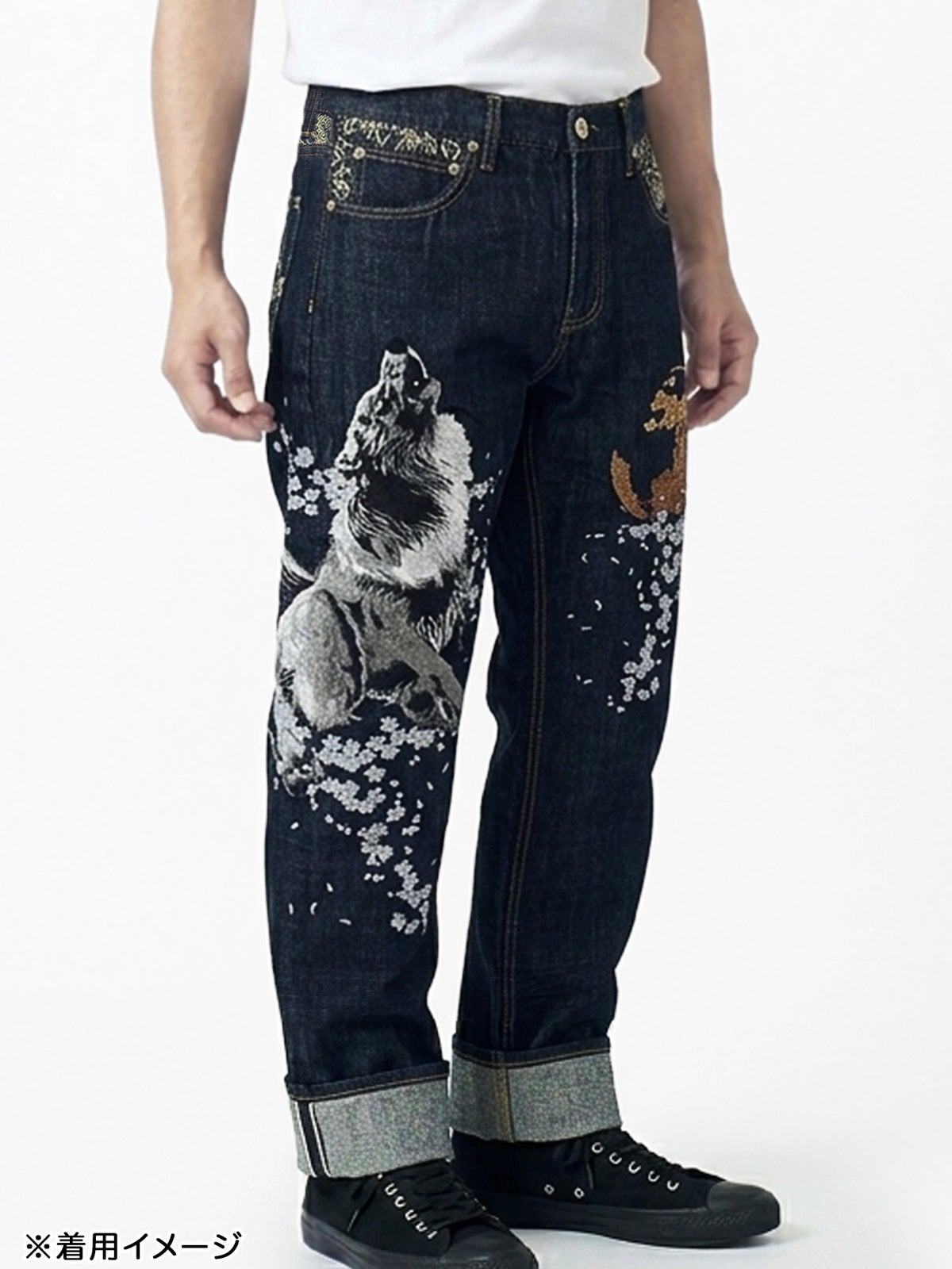 【絡繰魂・粋】“月光狼”刺繍入りデニムパンツ