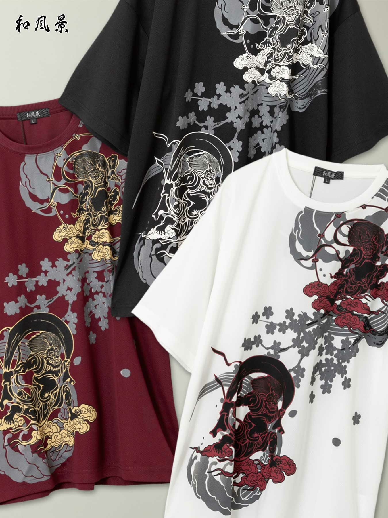 和風景】“風神雷神と桜”プリントDRY素材Tシャツ≪返品・取寄対応不可 和風景】“風神雷神と桜”プリントDRY素材Tシャツ≪返品・取寄対応不可