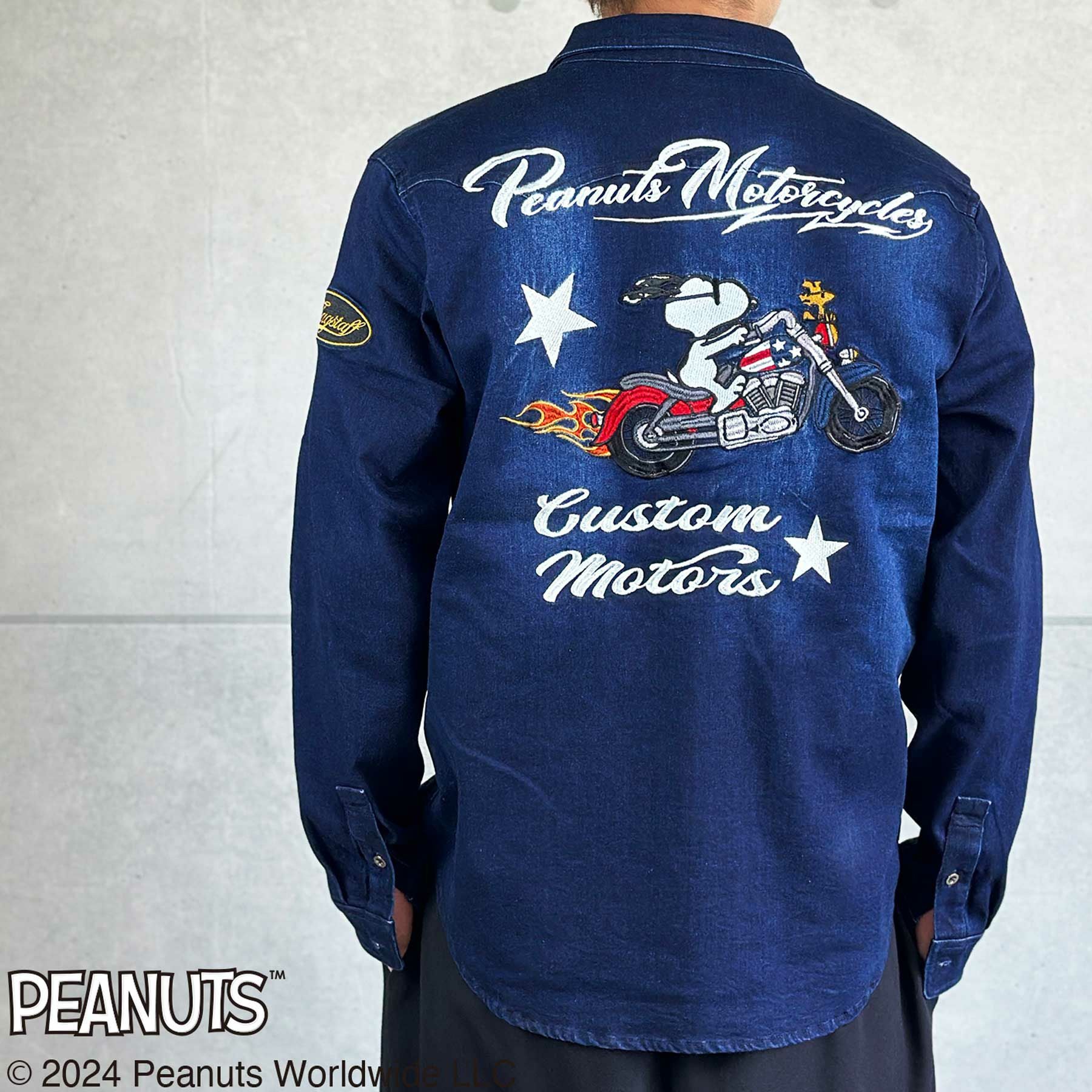 FLAGSTAFF×PEANUTS】SNOOPY MOTORCYCLE デニムシャツ | 流儀圧搾