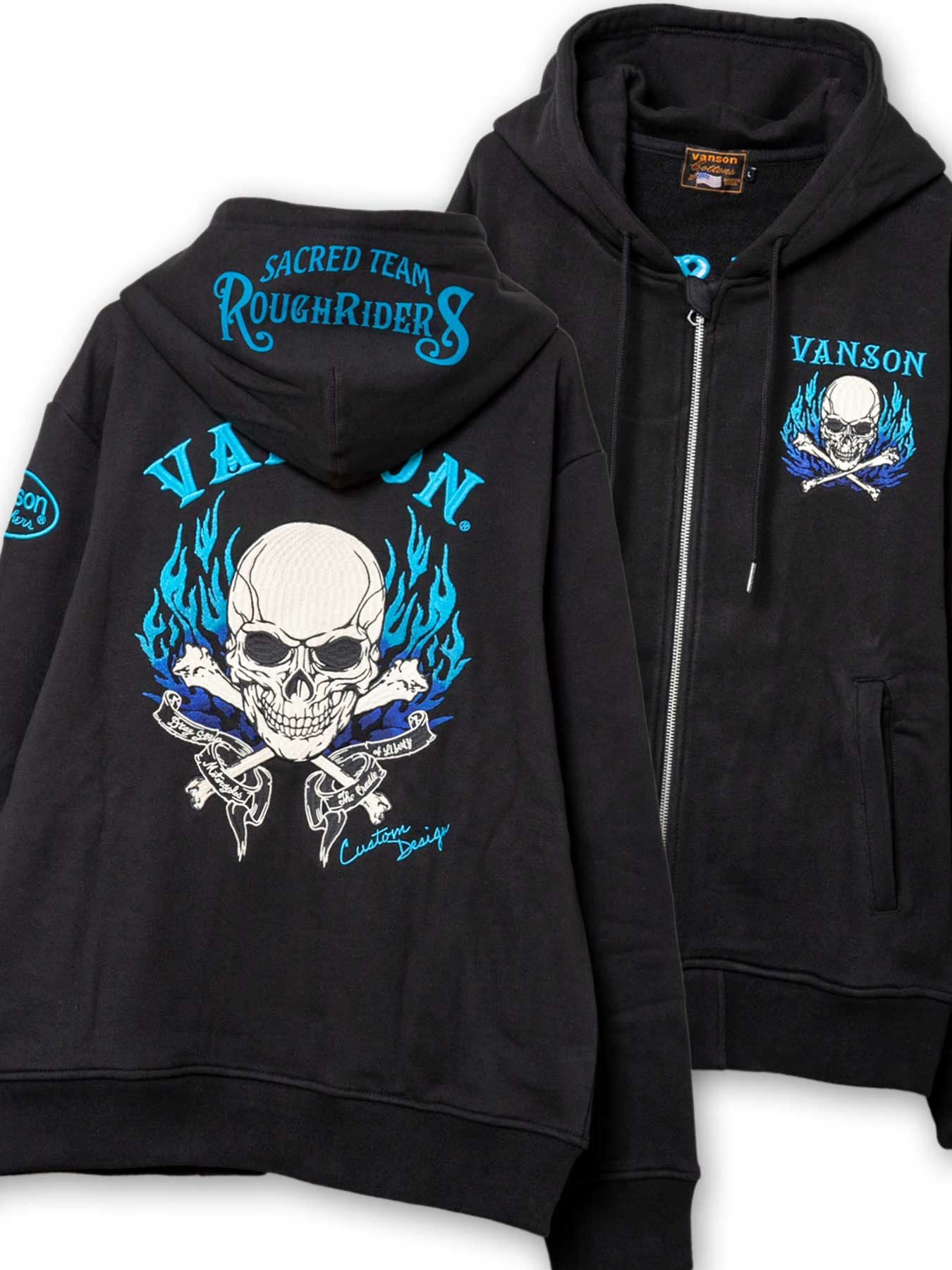 VANSON】“スカルファイヤー”総刺繍ZIPパーカー〔別注:全国共通カラー