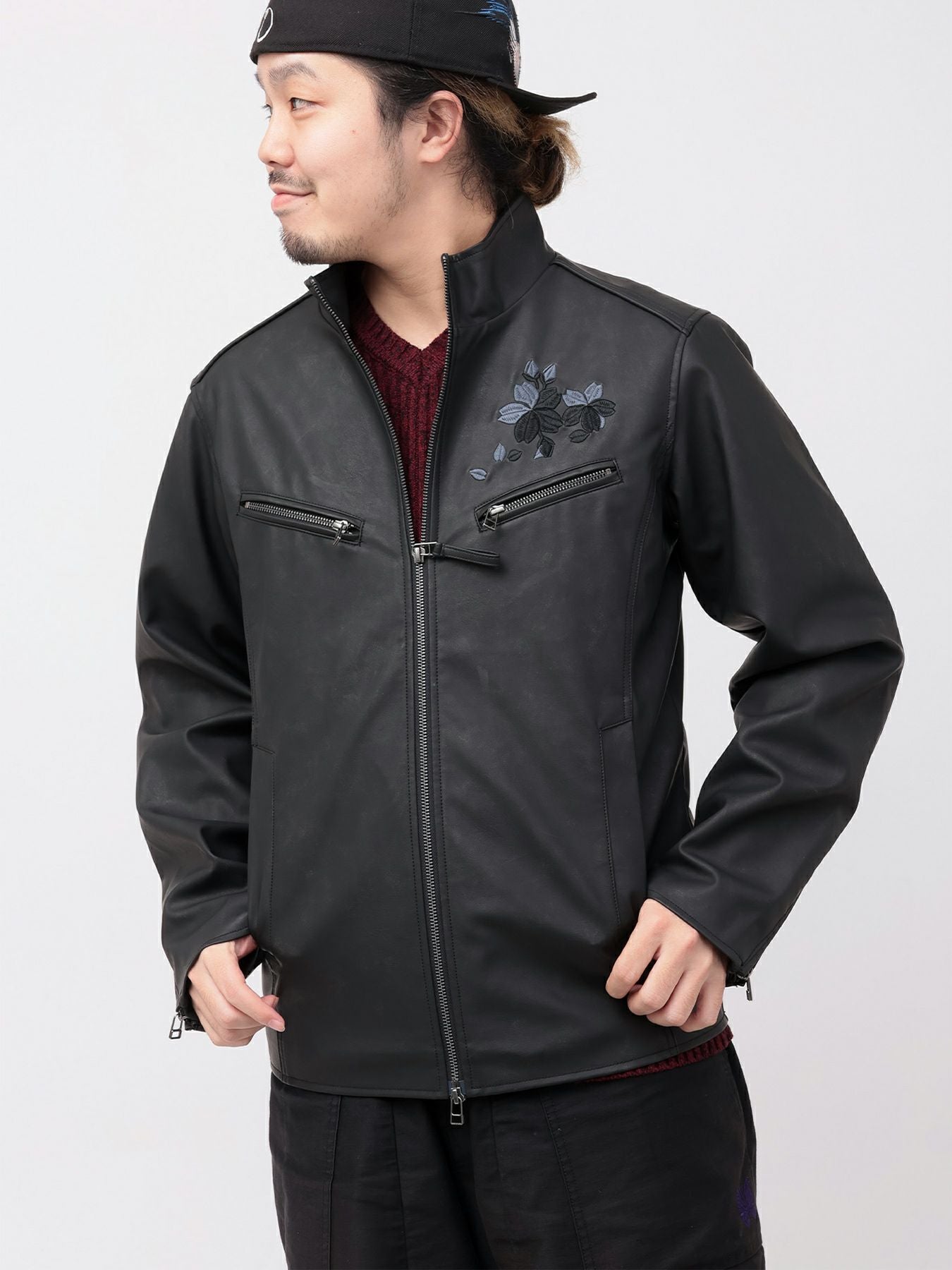 雅結】桜刺繍フェイクレザー シングルライダースジャケット | 流儀圧搾
