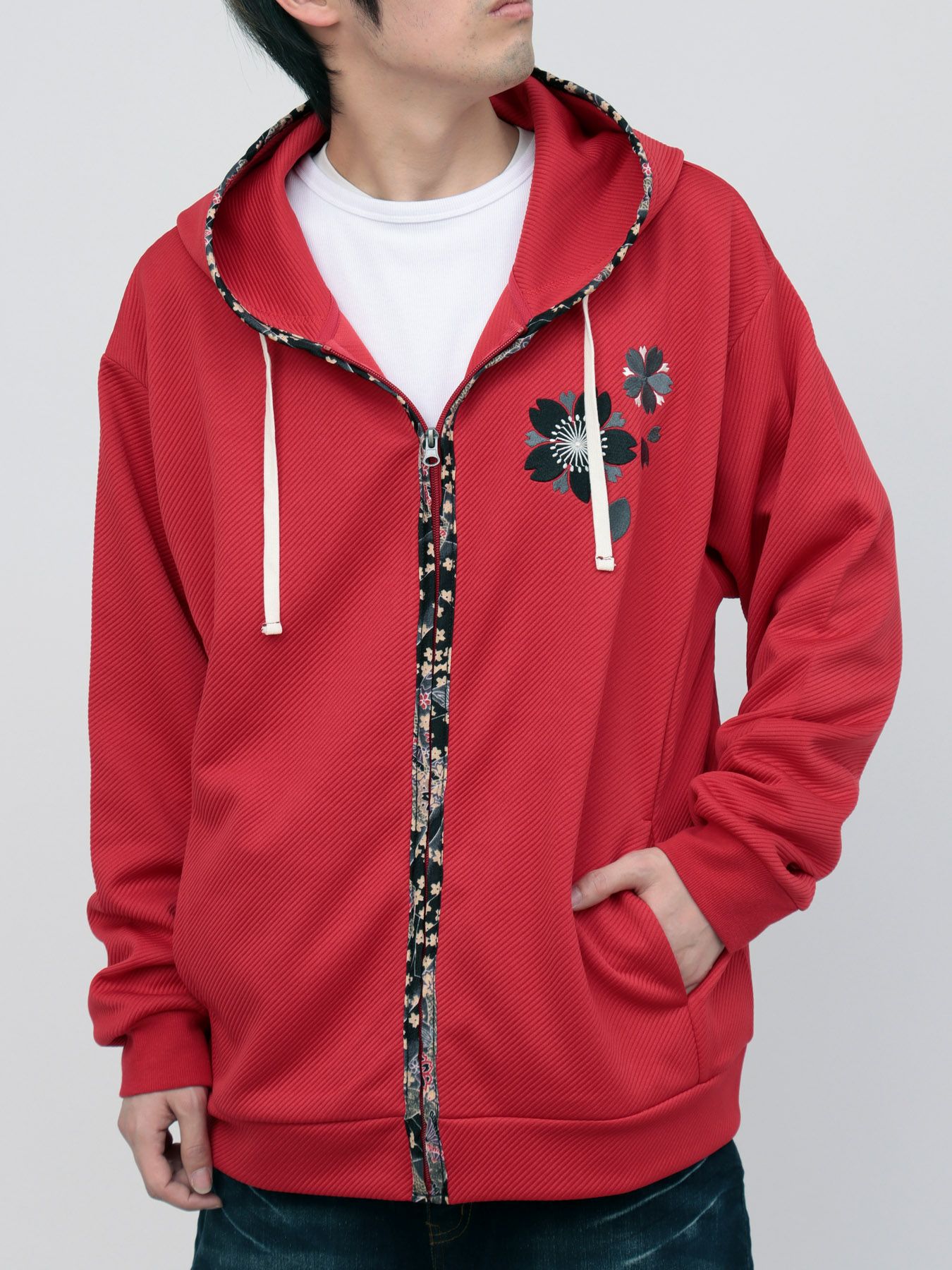 ≪25%OFF≫【雅結】桜刺繍ふくれジャガード素材 和生地遣いZIPパーカー