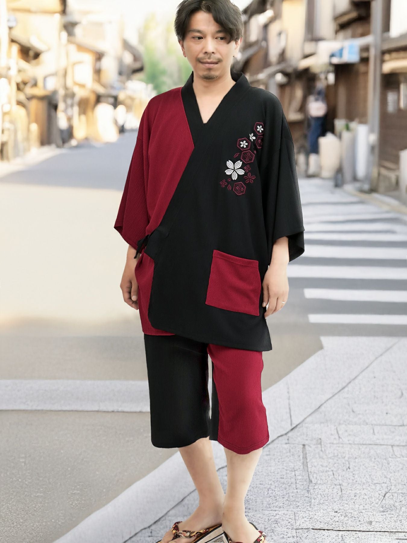 ≪17%OFF≫【雅結】桜刺繍 楊柳素材リラックス甚平≪返品・取寄対応