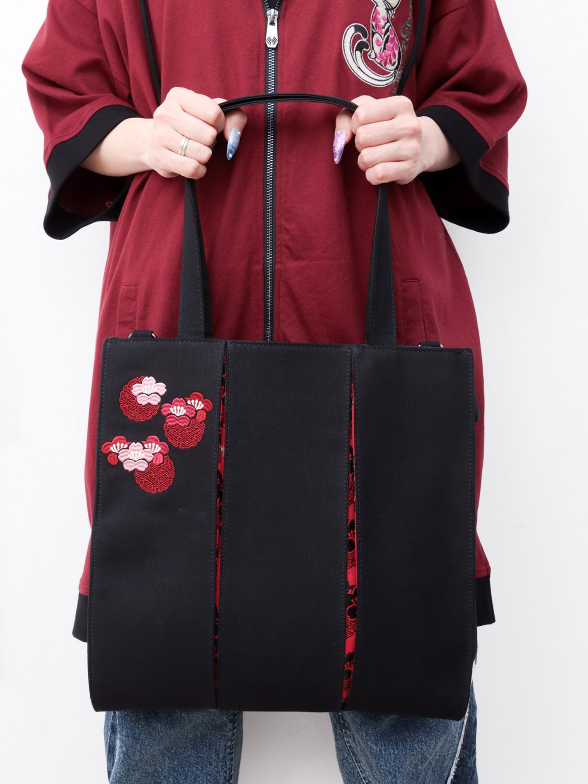 【雅結】桜刺繍 和生地切り替え2WAYタックトートバッグ