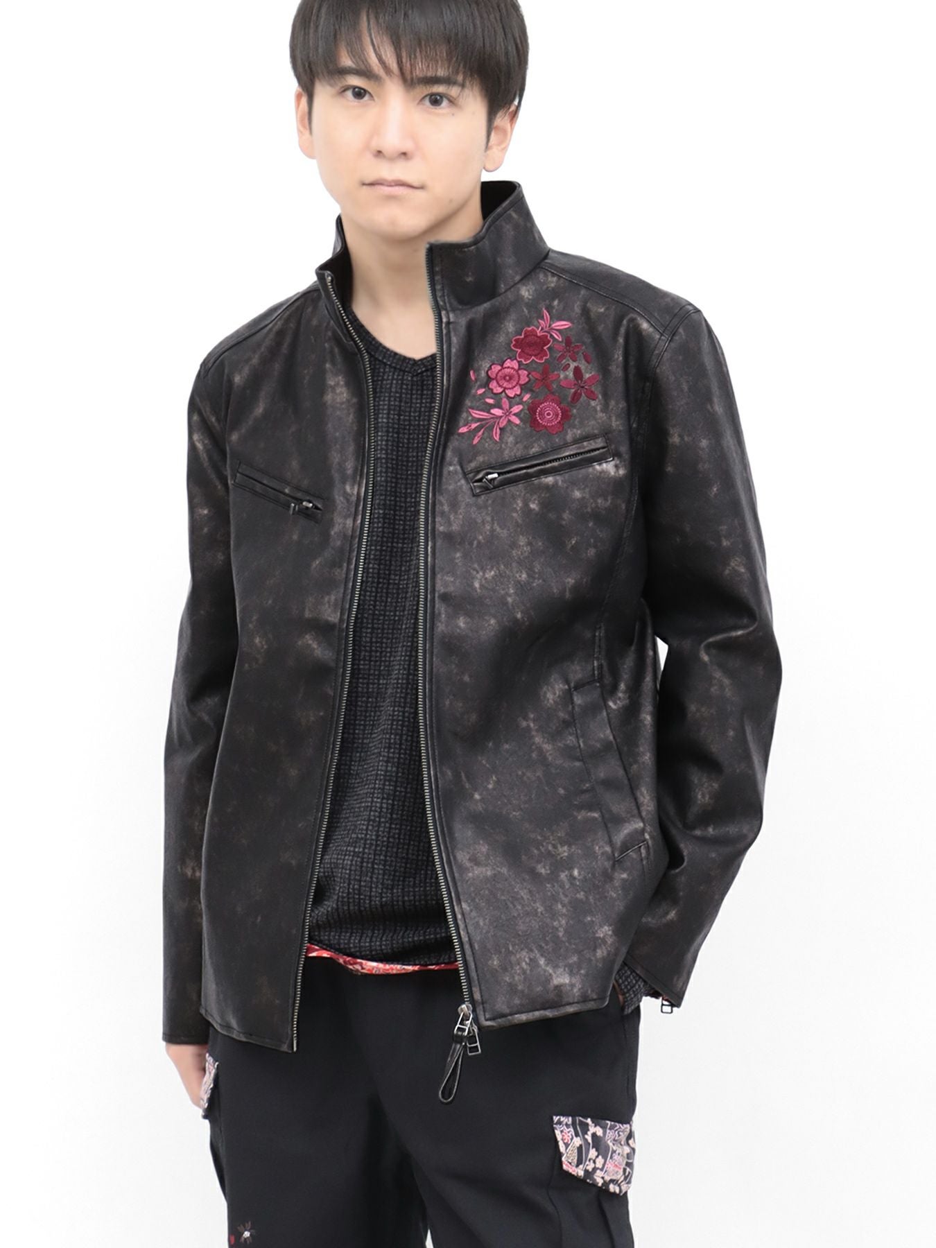 雅結】桜刺繍ムラ染めフェイクレザージャケット | 流儀圧搾 ONLINE