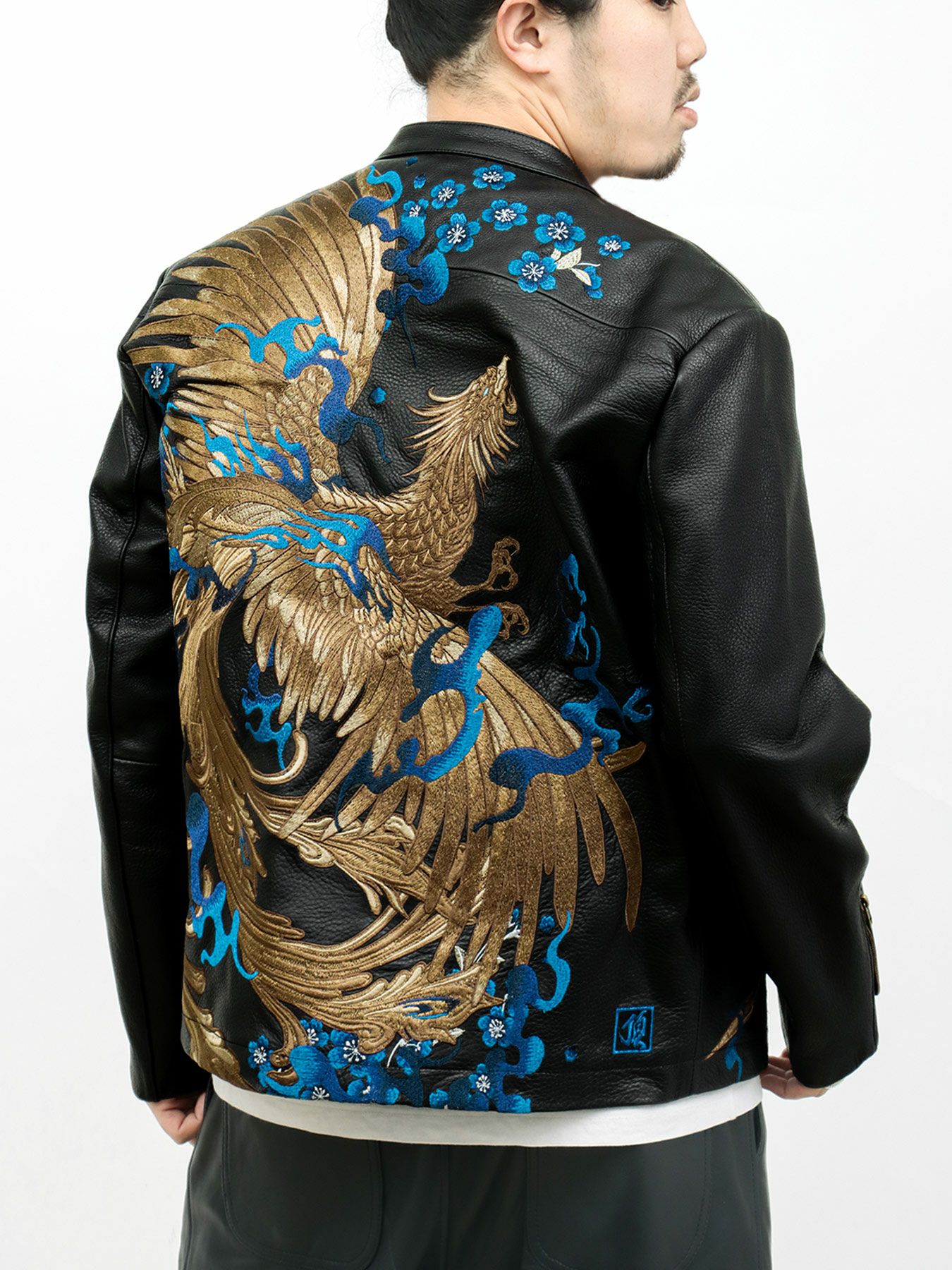絡繰魂・頂】“蒼炎”鳳凰刺繍入りレザージャケット〔別注〕 | 流儀圧搾