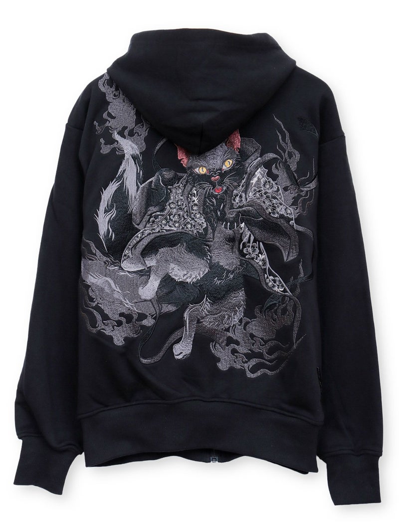 【絡繰魂・漆】“黒 猫又”総刺繍ZIPパーカー