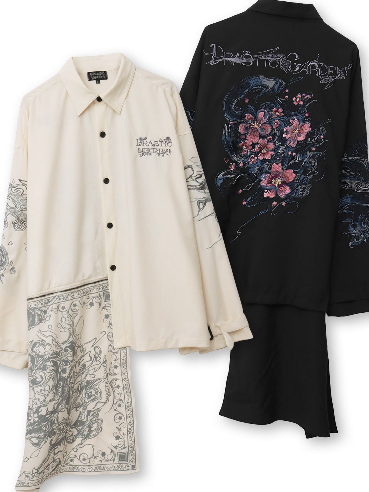 ＜春の予約会＞【DRASTIC GARDEN】“煙ノ桜”刺繡入り変形シャツ