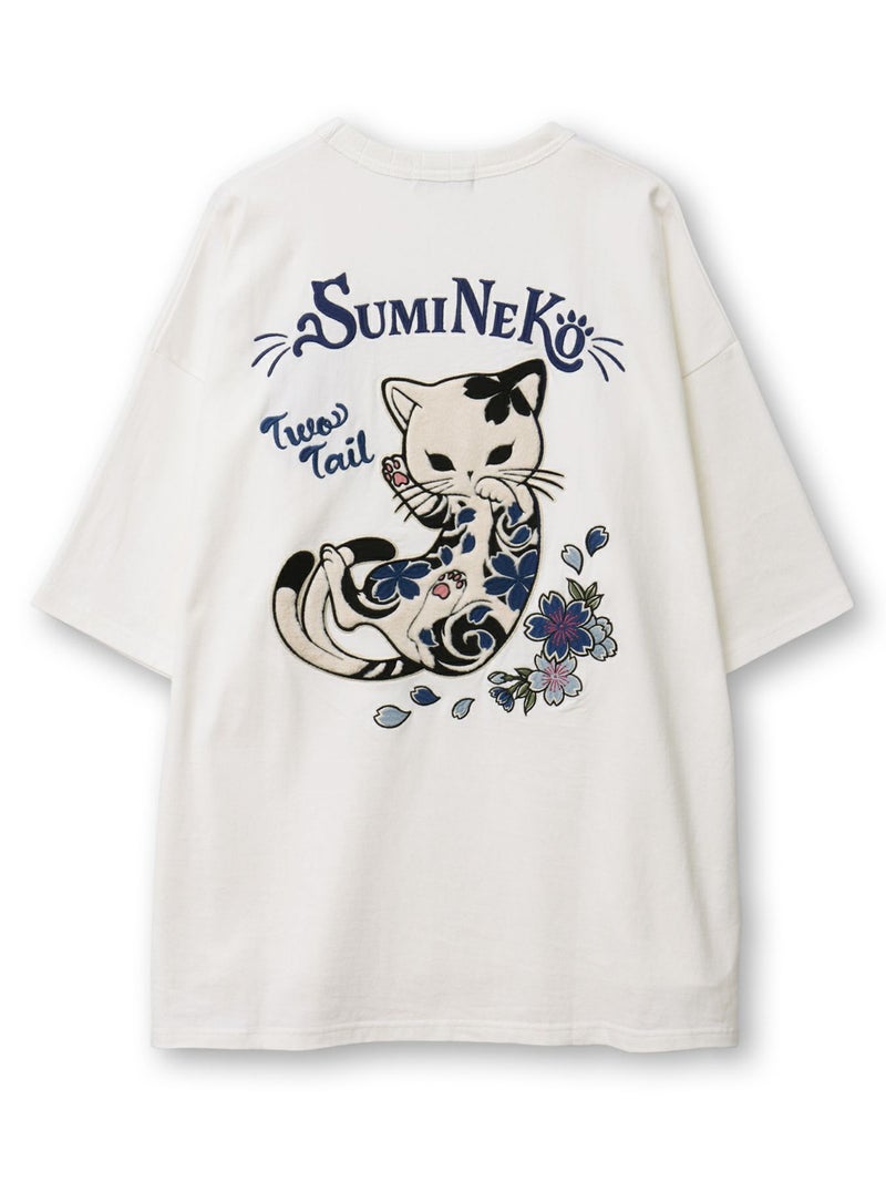  ＜春の予約会＞【SUMINEKO】“桜尽くし墨猫”刺繍入りBIGシルエットTシャツ