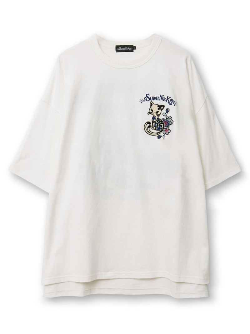  ＜春の予約会＞【SUMINEKO】“桜尽くし墨猫”刺繍入りBIGシルエットTシャツ