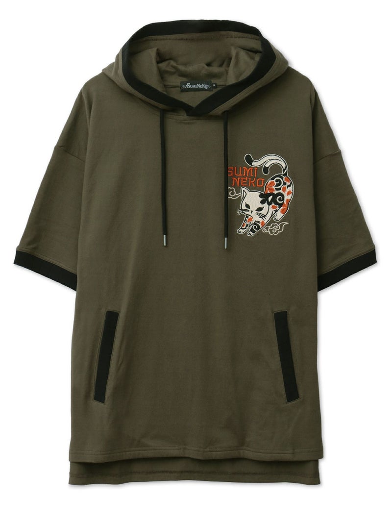 ＜春の予約会＞【SUMINEKO】“伸び猫”刺繍入りBIGシルエット半袖プルパーカー