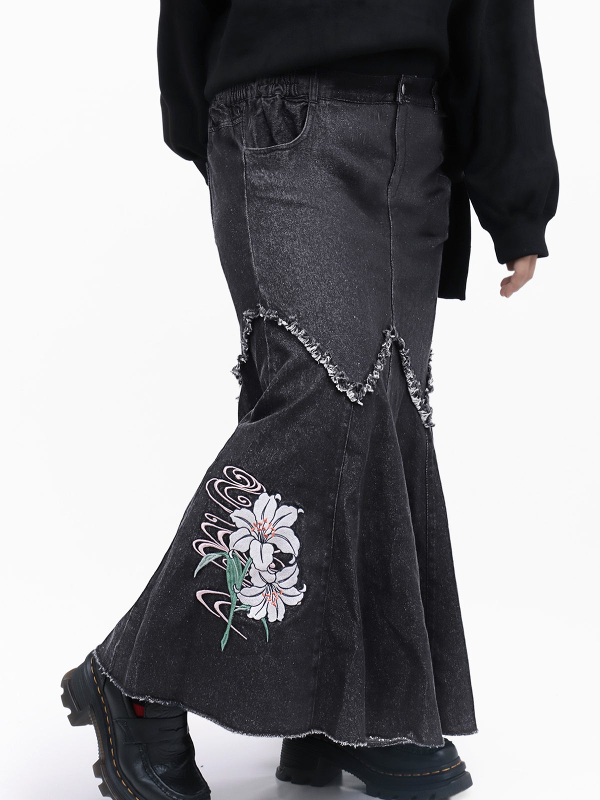 【雅結】百合刺繍デニムマーメイドスカート