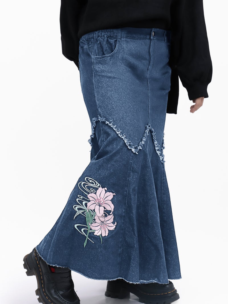【雅結】百合刺繍デニムマーメイドスカート