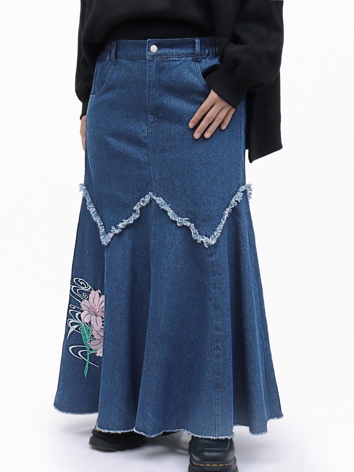 【雅結】百合刺繍デニムマーメイドスカート