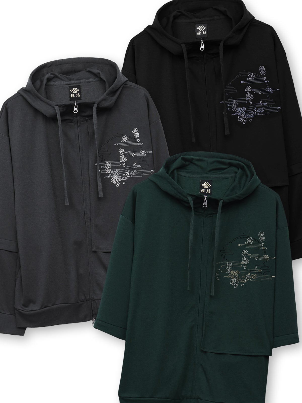 【雅結】“桜と雲”刺繍入り袖脱着ZIPパーカー