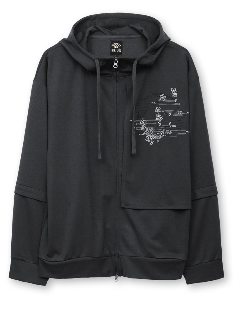 【雅結】“桜と雲”刺繍入り袖脱着ZIPパーカー