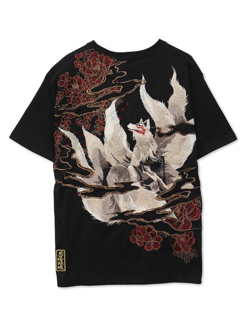 【絡繰魂・粋】“九尾と牡丹”刺繍入り半袖Tシャツ