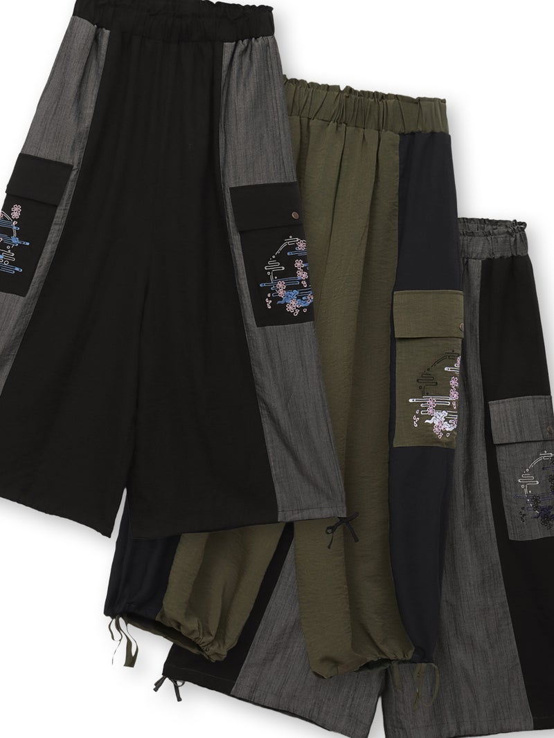 【雅結】“桜と雲”刺繍入りワイドカーゴパンツ