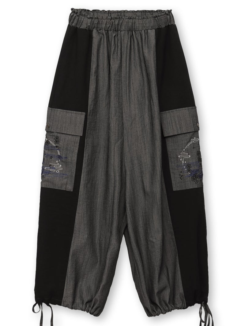 【雅結】“桜と雲”刺繍入りワイドカーゴパンツ