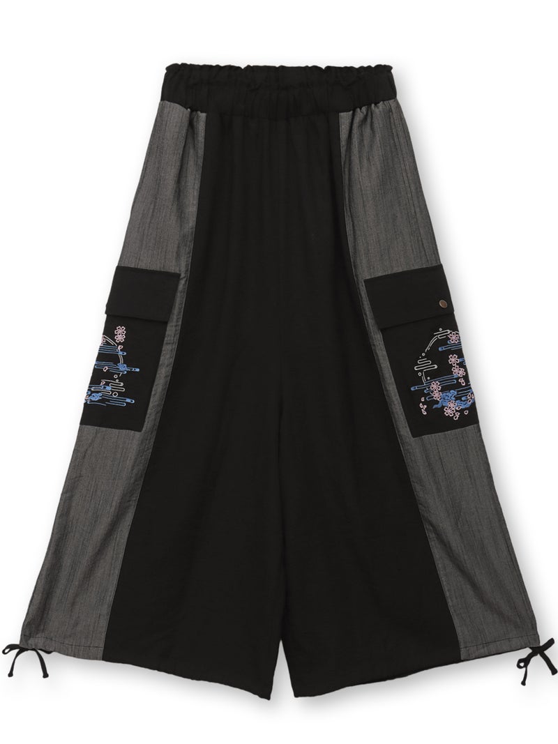 【雅結】“桜と雲”刺繍入りワイドカーゴパンツ