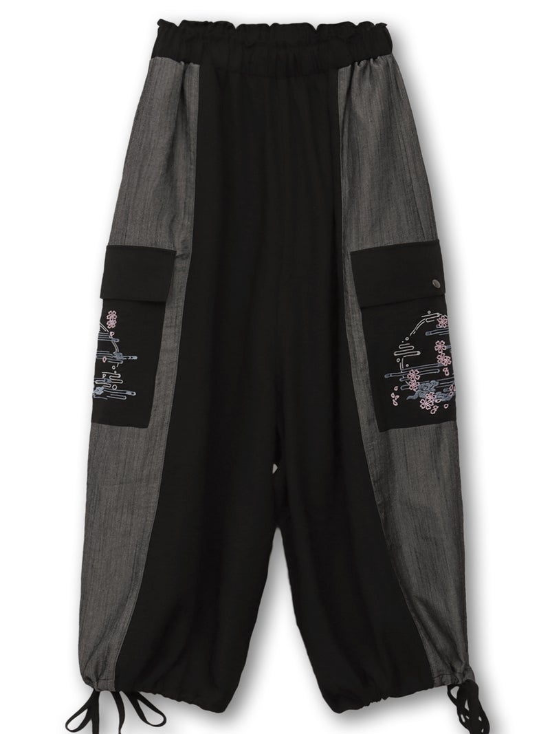 【雅結】“桜と雲”刺繍入りワイドカーゴパンツ