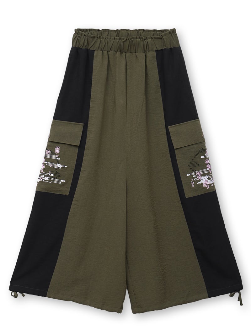 【雅結】“桜と雲”刺繍入りワイドカーゴパンツ