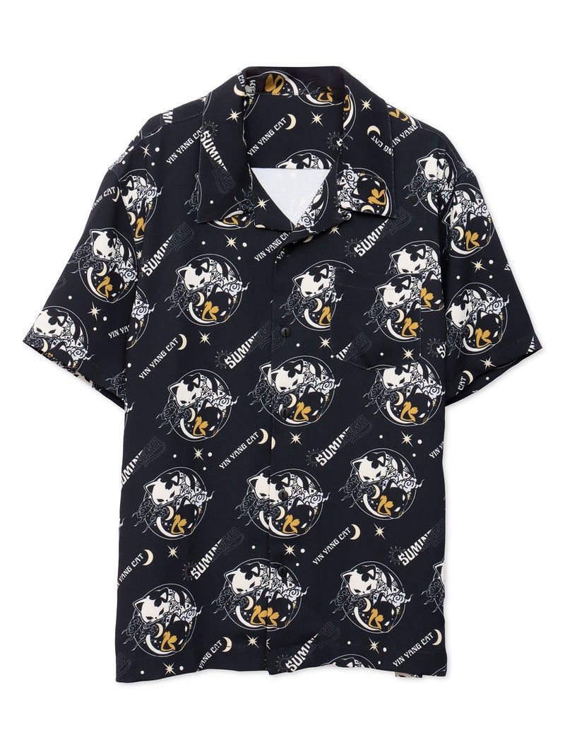 【SUMINEKO】“陰陽猫”総柄 半袖開襟シャツ