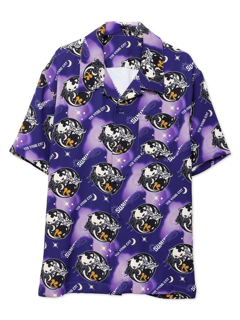 【SUMINEKO】“陰陽猫”総柄 半袖開襟シャツ