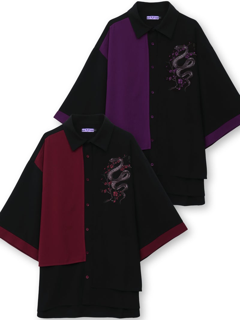 【雅結 -EN-】“梅と蛇”五分袖切替キモノスリーブ変形シャツ