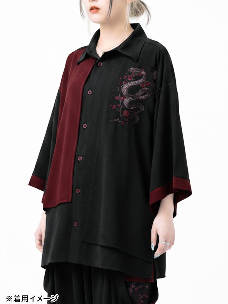 【雅結 -EN-】“梅と蛇”五分袖切替キモノスリーブ変形シャツ