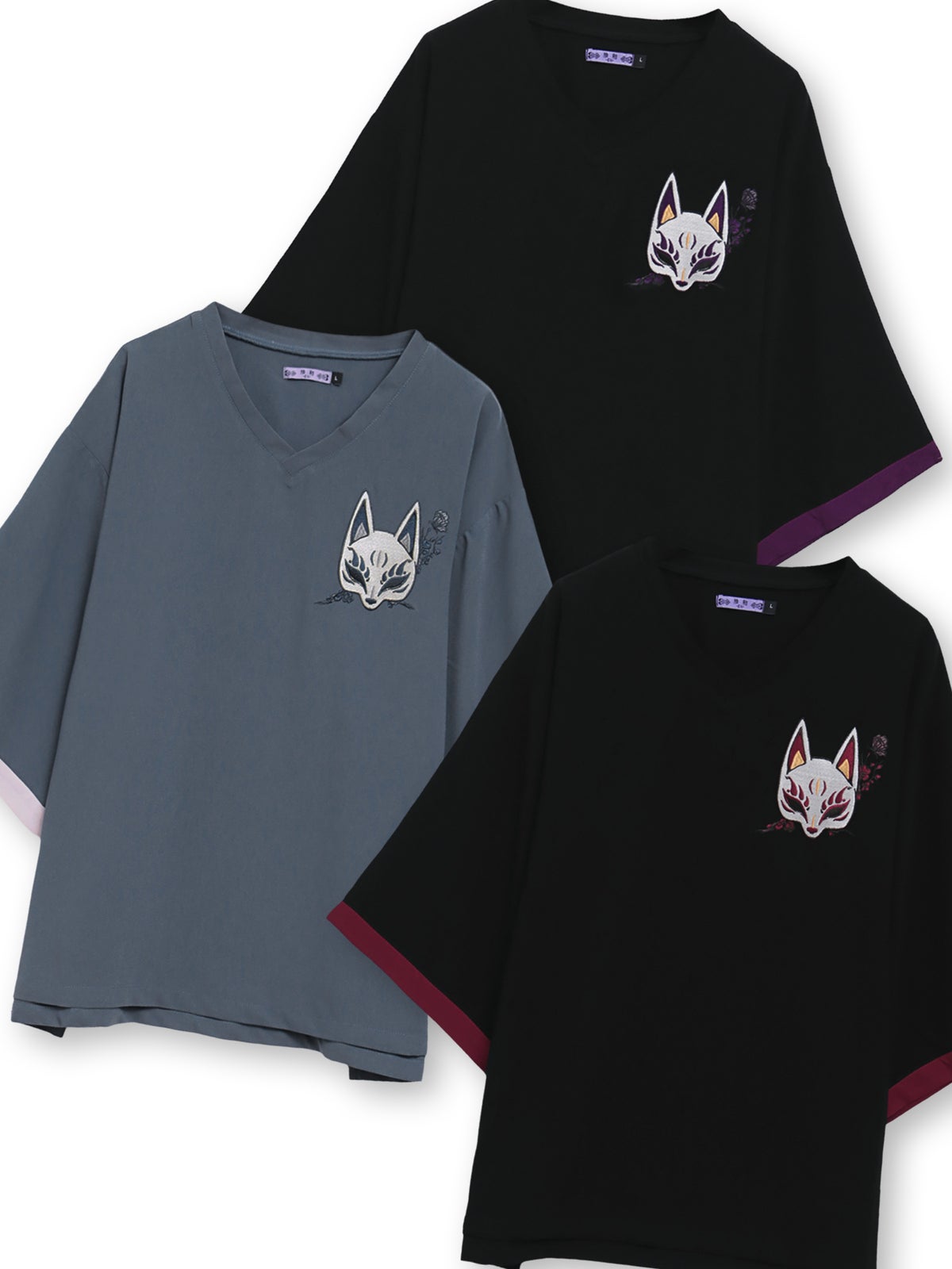 【雅結 -EN-】“狐面”総刺繍キモノスリーブ5分袖変形Tシャツ