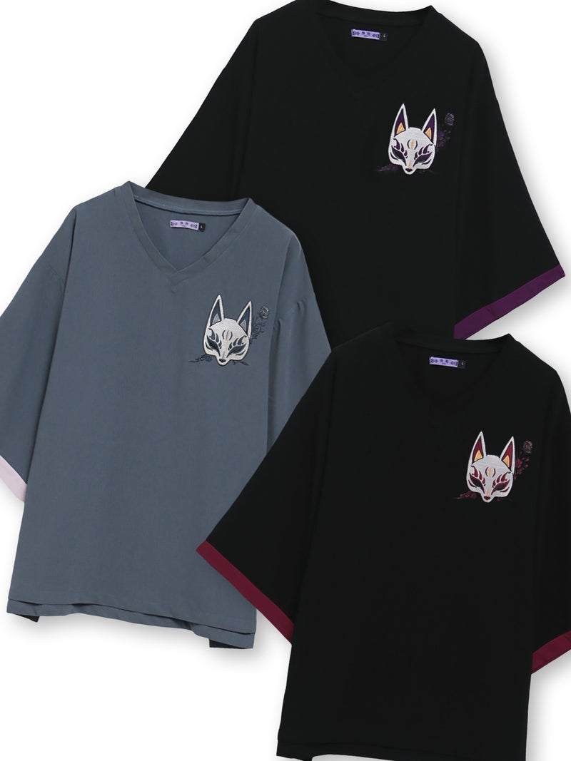 【雅結 -EN-】“狐面”総刺繍キモノスリーブ5分袖変形Tシャツ