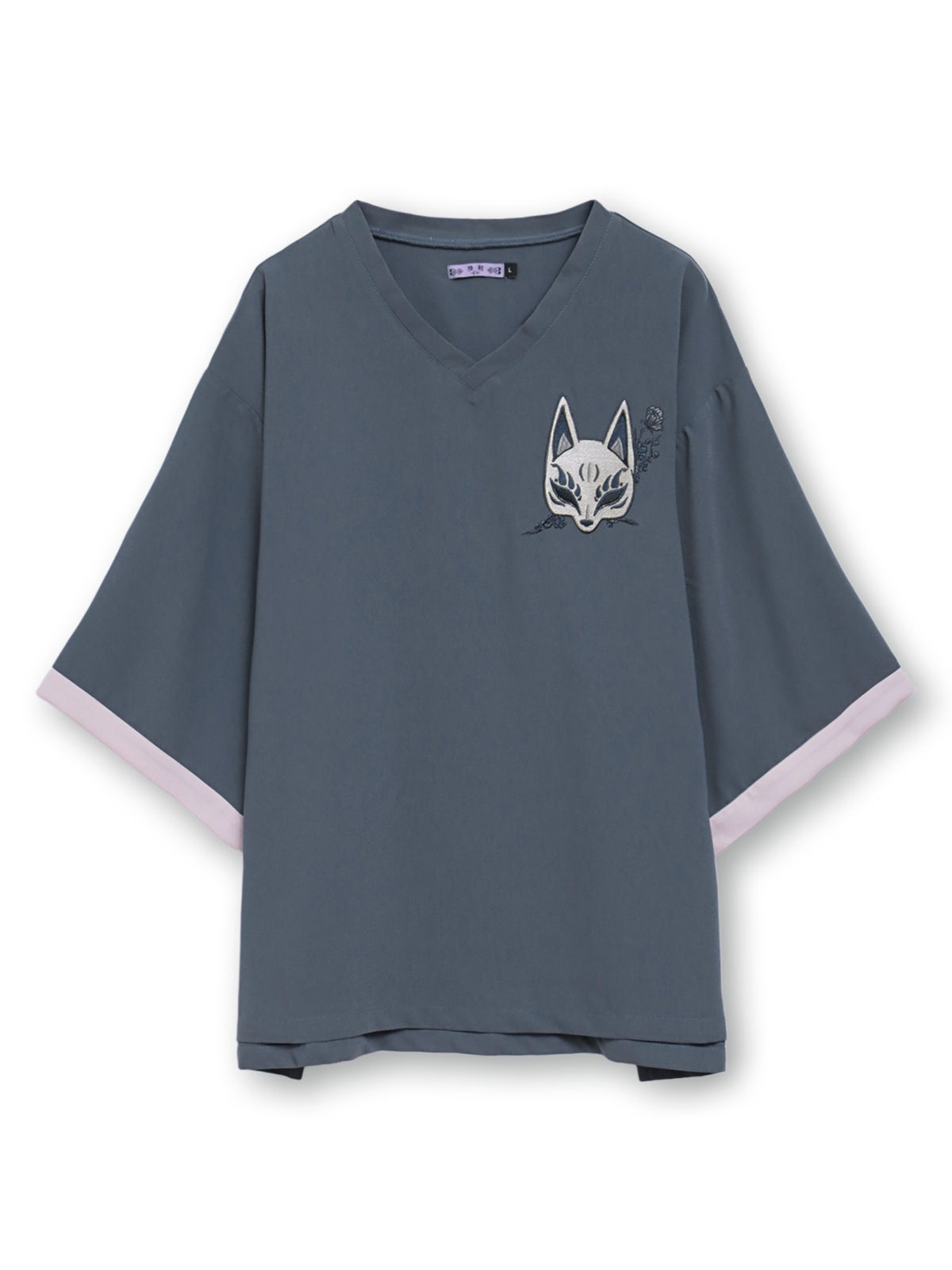 【雅結 -EN-】“狐面”総刺繍キモノスリーブ5分袖変形Tシャツ