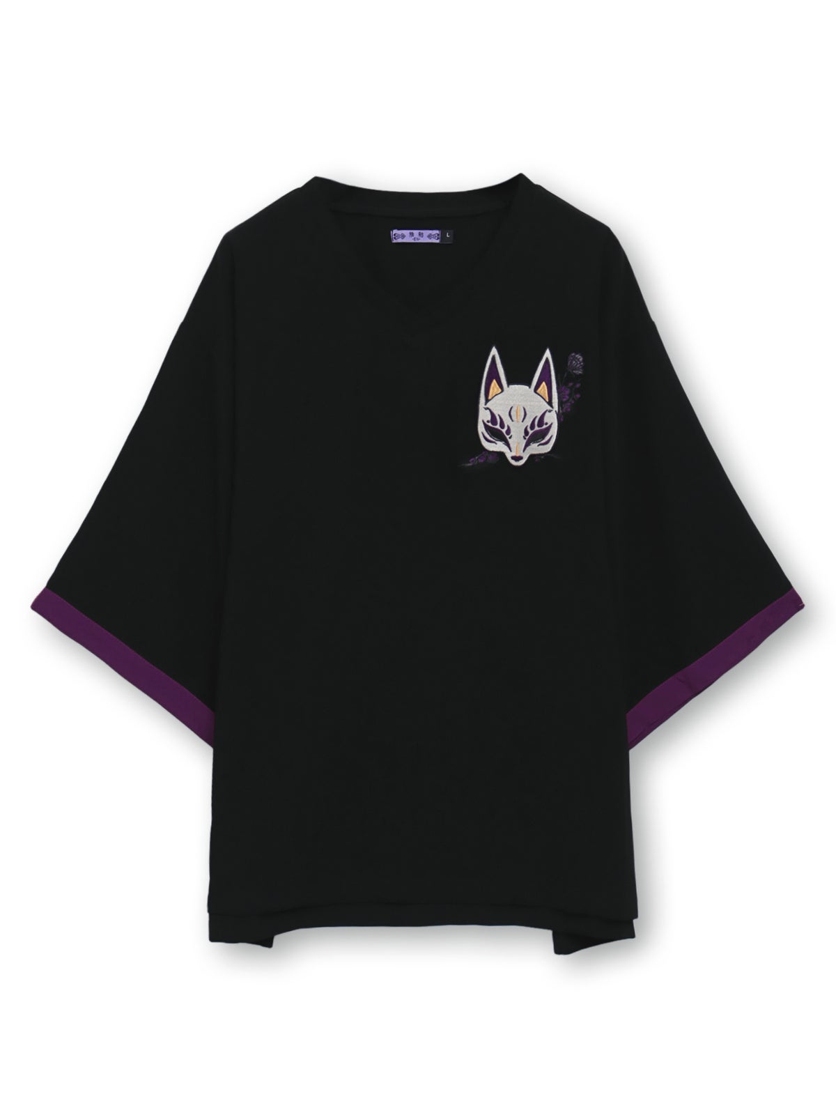 【雅結 -EN-】“狐面”総刺繍キモノスリーブ5分袖変形Tシャツ