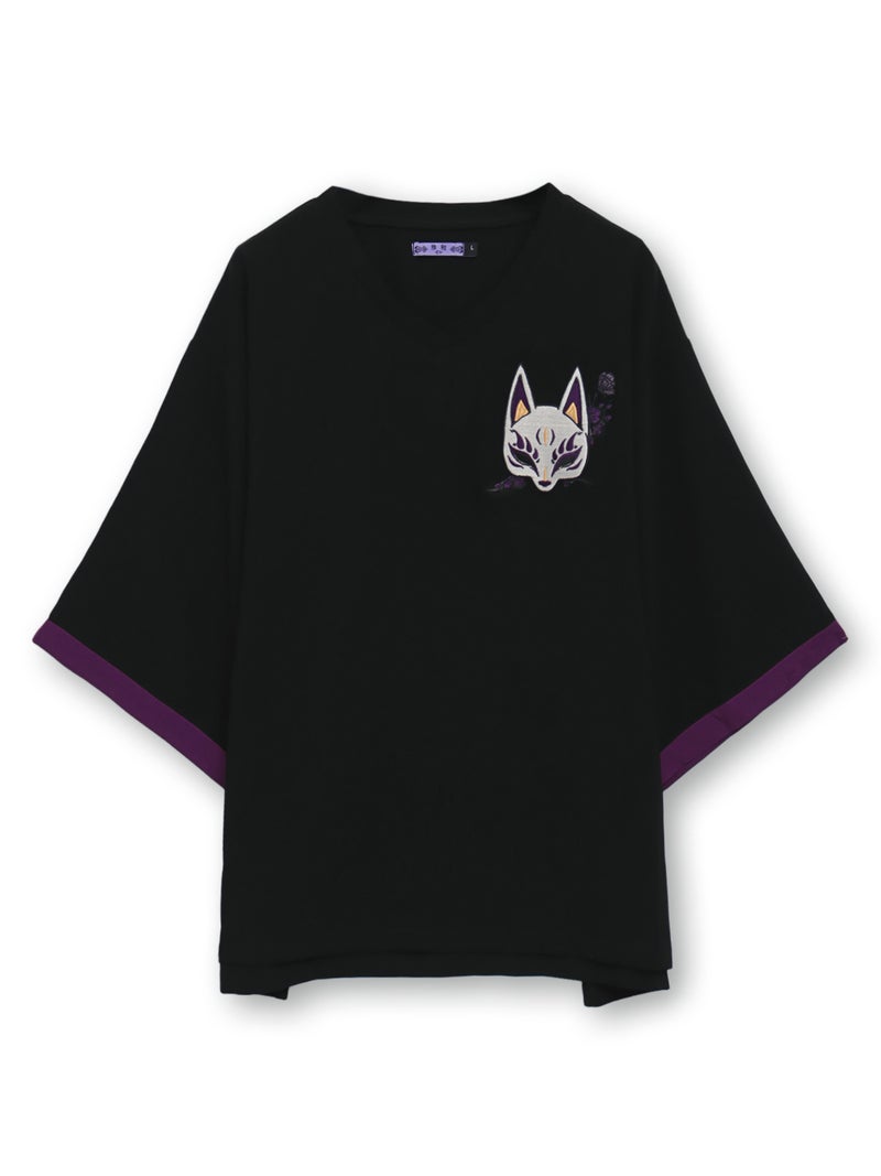 【雅結 -EN-】“狐面”総刺繍キモノスリーブ5分袖変形Tシャツ