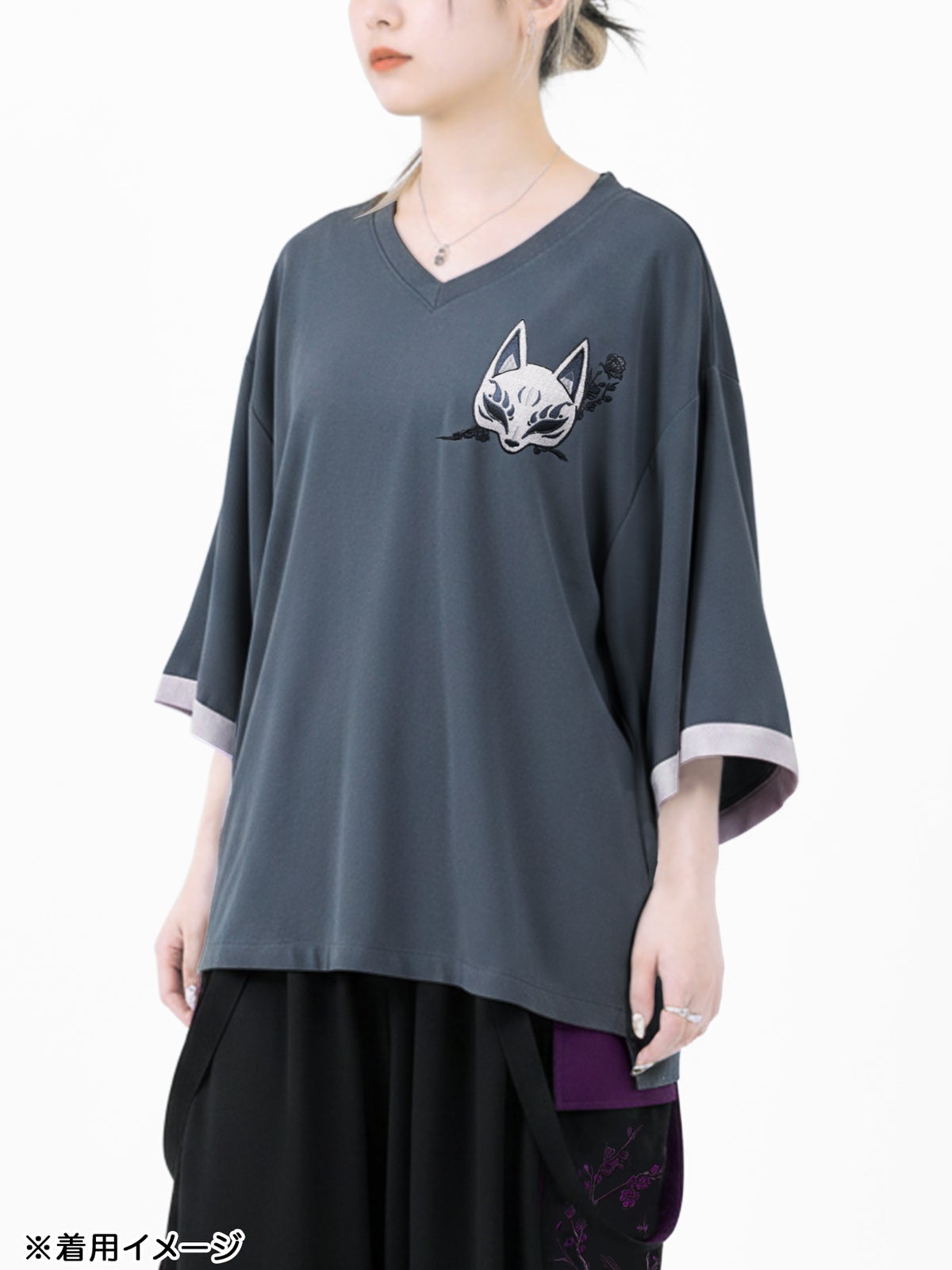 【雅結 -EN-】“狐面”総刺繍キモノスリーブ5分袖変形Tシャツ