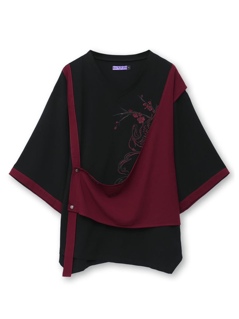【雅結 -EN-】“鳳凰と梅”刺繍入り袈裟風キモノスリーブTシャツ
