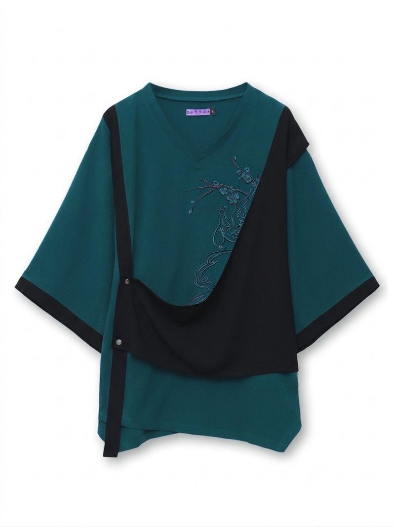 【雅結 -EN-】“鳳凰と梅”刺繍入り袈裟風キモノスリーブTシャツ