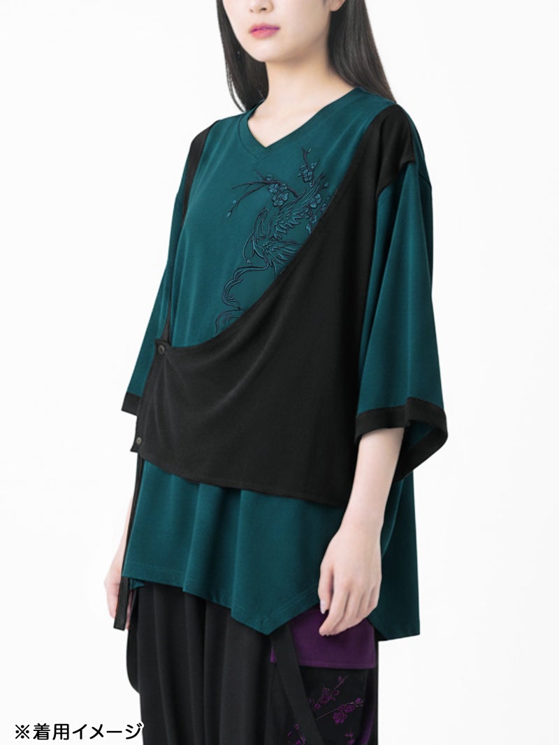 【雅結 -EN-】“鳳凰と梅”刺繍入り袈裟風キモノスリーブTシャツ