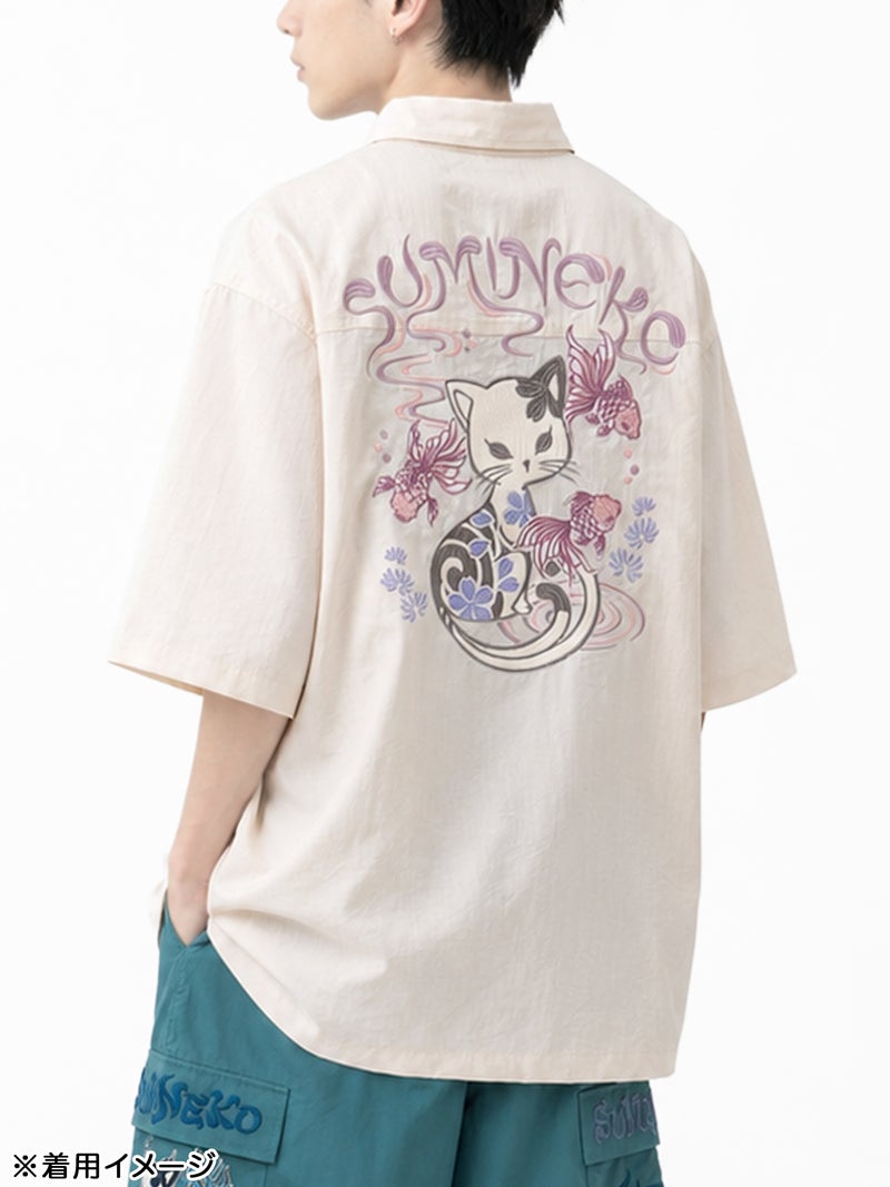 【SUMINEKO】“金魚と墨猫”刺繍入りBIGシルエットシャツ